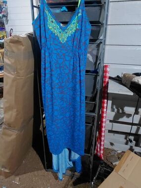 Miss Tina Blue Sleeveless High-Low Maxi Dress with Neon Embroidered Yoke